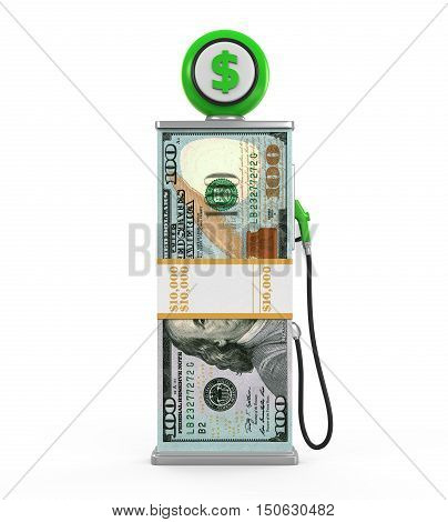 Dollar Stack and Gas Pump Nozzle isolated on white background. 3D render