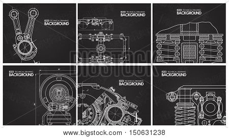 Set of black background with technical drawings of parts and elements of machines and mechanisms. Vector illustration
