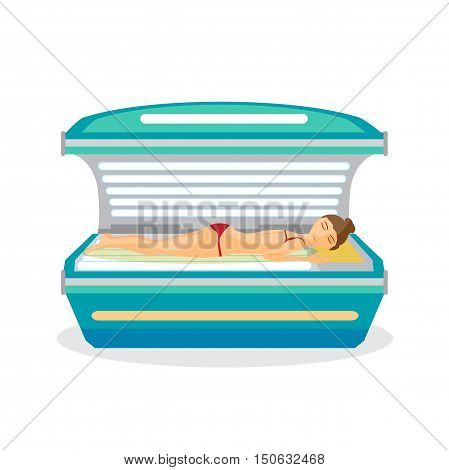 Young woman tanning in solarium. Vector flat cartoon illustration isolated on a white background