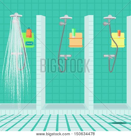 Interior of the shower room at the sports club. Public showers at the swimming pool. Vector flat cartoon illustration