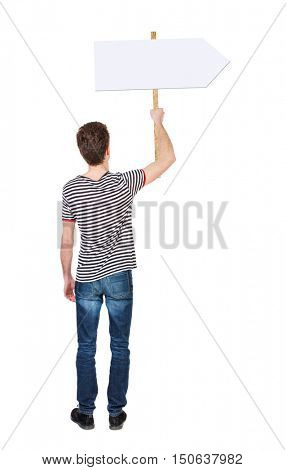 Back view man showing sign board. man holds information plate. Rear view people collection. backside view of person. Isolated over white background. man in a striped shirt holding a pointer.