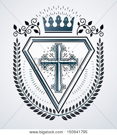 Retro vintage Insignia. Vector design element decorated with cross and royal crown