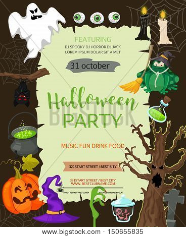 Halloween banner template. Vector background with pumpkin, ghost, candy in flat style. Great design for halloween party, menu or invitation. Retro cartoon style illustration
