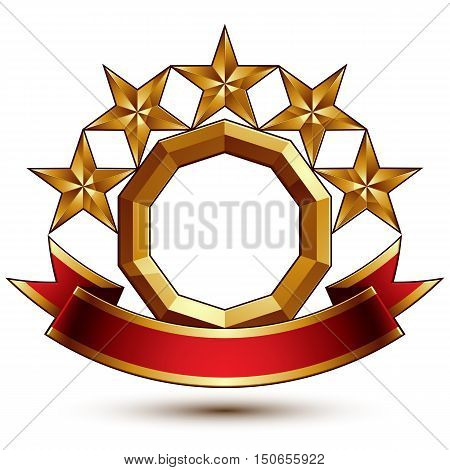 Majestic vector golden ring isolated on white background 3d polished five golden stars. Heraldic symbol with festive red ribbon. Dimensional glossy decorative stars elegant shaped blazon.