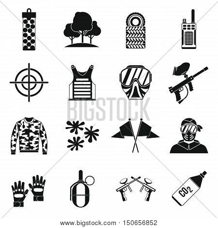 Paintball icons set in simple style. Airsoft equipment set collection vector illustration