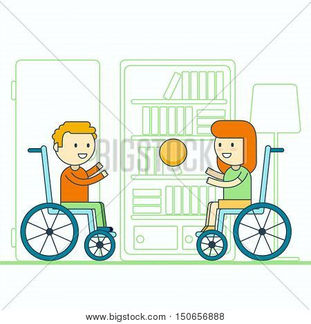 Cheerful wheelchair user boy and girl throwing ball. Happy smiling disabled toddlers playing game. Physically challenged children or kids lifestyle portrait.Trendy cartoon line style vector illustration.