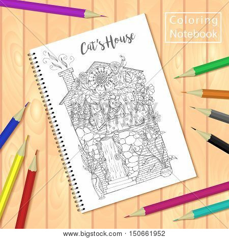 Spiral bound notepad or coloring book with colorful pencils and coloring pages picture, house with cat. Vector template or mock up. Easy to place your image on the cover.Top view.