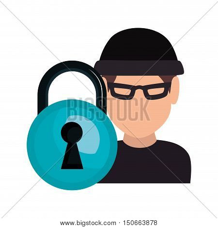 avatar man thief wearing black clothes and  blue padlock icon. vector illustration
