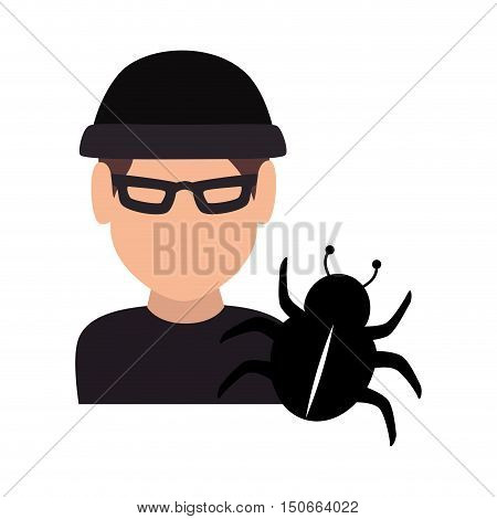 avatar man thief wearing black clothes and  cyber virus icon. vector illustration