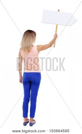 Back view woman showing sign board. man holds information plate. Rear view people collection. backside view of person. Isolated over white background. The blonde in a pink t-shirt holding a pointer.