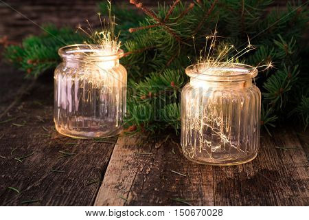 Christmas And New Year Party Sparkler On Wooden Vintage Table