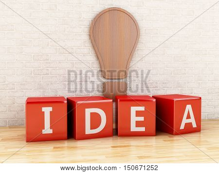 3d renderer image. Wooden light bulb with word idea. Inspiration creative and new idea concept.