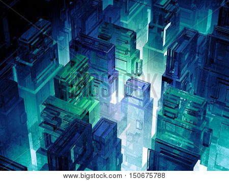 Futuristic micro chips city. Computer science information technology background. Sci fi megalopolis. 3d illustration
