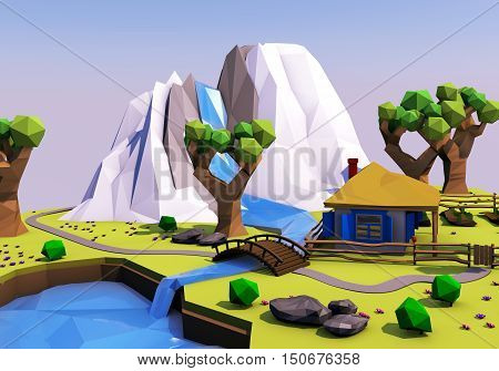 Low polygonal geometric landscape with mountains trees river and ukrainian house. Background design for banner poster flyer cover brochure.
