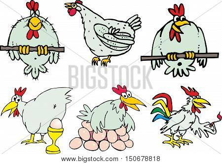 Set Of Funny Hen Birds And Roosters