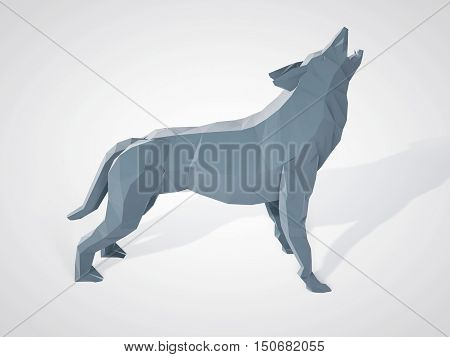 3D illustration of origami wolf howling. Polygonal wolf side view. Geometric style grey wolf.