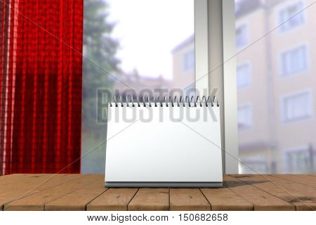 White loose-leaf calendar mock up in front of blurred background. Table tent on wooden table in blurred room mock up. 3d illustration of blank desk calendar selective focus.