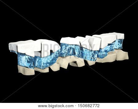 Word travel made from snow, water and sand, on blue backgroung, travel concept isolated on black, 3d illustration