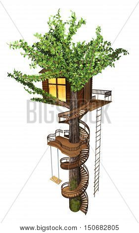 Tree house with a spiral staircase, swing, rope-ladder.