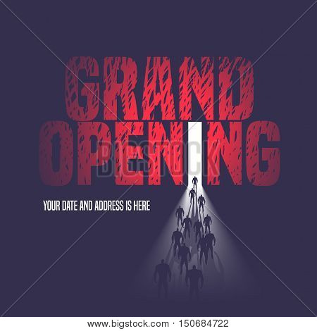 Grand opening vector illustration, background with open door and walking people. Template nonstandard banner, flyer, design element, decoration for opening event