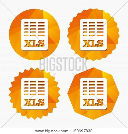 Excel file document icon. Download xls button. XLS file symbol. Triangular low poly buttons with flat icon. Vector
