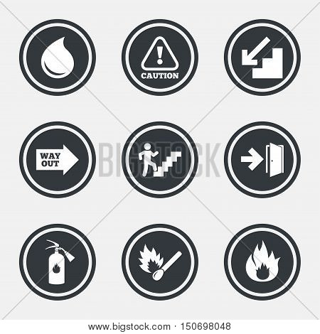 Fire safety, emergency icons. Fire extinguisher, exit and attention signs. Caution, water drop and way out symbols. Circle flat buttons with icons and border. Vector