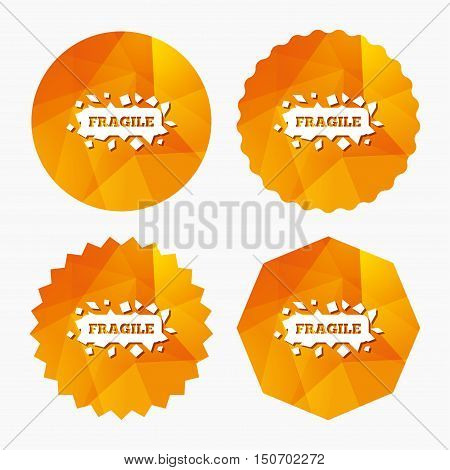 Fragile parcel sign icon. Delicate package delivery symbol. Triangular low poly buttons with flat icon. Vector