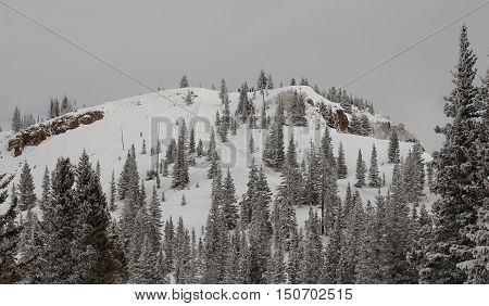 Snowmass mountain, Colorado; tiny figures of skiers on top