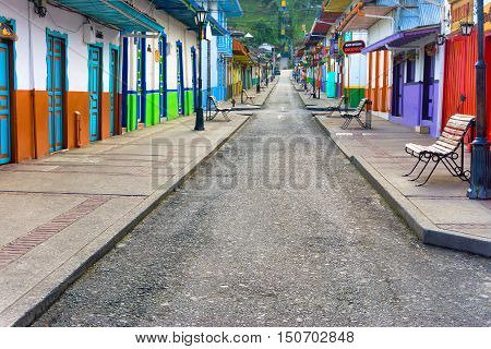 SALENTO COLOMBIA - JUNE 6: Early morning street scene in Salento Colombia on June 6 2016