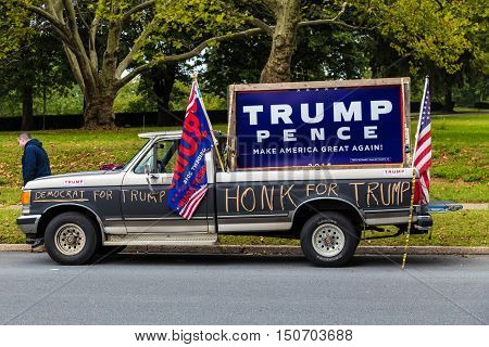 Harrisburg PA - October 4 2016: A Democrat for Trump truck parked at Hillary Clinton campaign event.