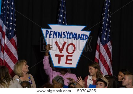 Harrisburg PA USA - October 4 2016: Pennsylvania Vote sign at the rally for Presidential candidate Hillary Clinton.
