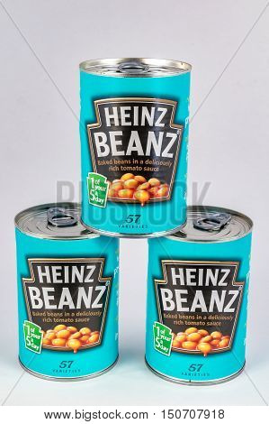 CHESTER UNITED KINGDOM - October 2nd 2016: A tin stack of Heinz Baked Beanz. Heinz Company sell their food products in over 200 countries worldwide.