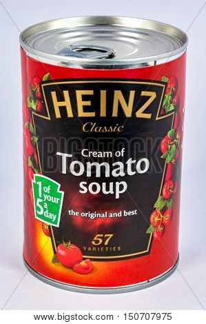 CHESTER UNITED KINGDOM - October 2nd 2016: A tin of Heinz Tomato Soup. Heinz Company sell their food products in over 200 countries worldwide.