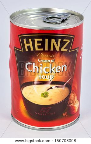 CHESTER UNITED KINGDOM - October 2nd 2016: A tin of Heinz Chicken Soup. Heinz Company sell their food products in over 200 countries worldwide.