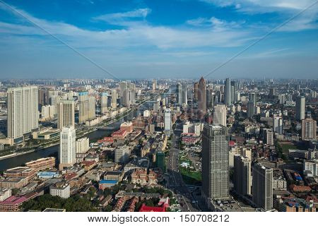 Big beautiful city Tianjin, China, view from Financial Street Heping Center