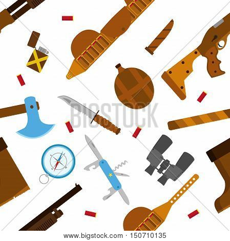 Hunting icons flat pattern with knife axe shotgun case lighter pen-knife compass shell bullets binoculars bottle and boots isolated vector illustration. Seamless pattern.