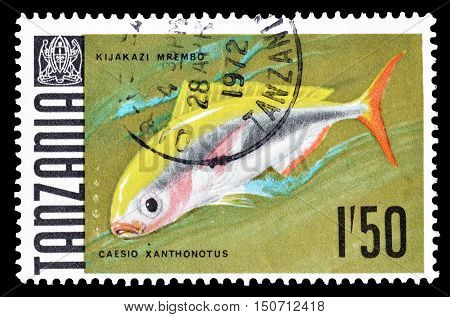 TANZANIA - CIRCA 1969 : Cancelled postage stamp printed by Tanzania, that shows Yellowback Fusilier.