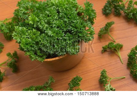 Parsley into a bowl over a wooden table