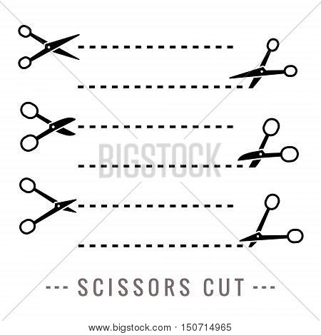 Different black silhouette scissors cut on the dotted line.