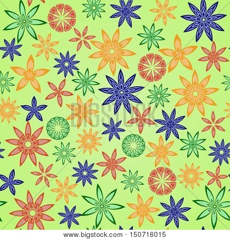 Seamless Floral Pattern. Vector illustration. Flowers on Green Background.