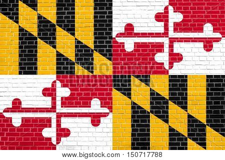 Maryland official flag symbol. American patriotic element. USA banner. United States of America background. Flag of the US state of Maryland on brick wall texture background, 3d illustration