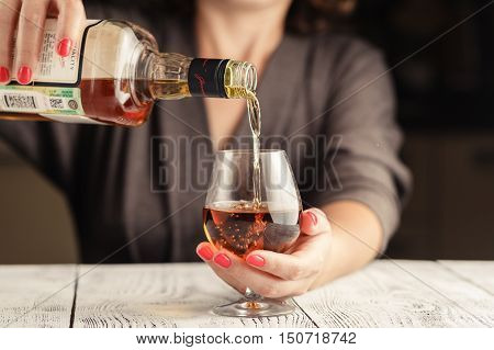 Alcoholism Issue. Female Take Wine Glass On Dark Toned Table
