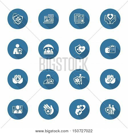Insurance and Medical Services Icons Set. Flat Design. Isolated Illustration. Life and Health Insuranse Symbol. Personal and Group Life Insurance Symbol. Life and Heart Care Symbol.