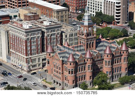 DALLAS, TX - SEP 17: Old Red Museum, formerly Dallas County Courthouse in Dallas, Texas, as seen on Sep 17, 2016. It was built in 1892 of red sandstone rusticated marble accents.