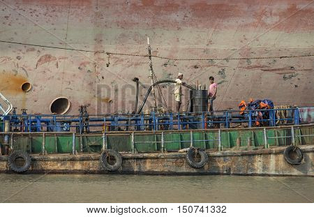 Chittagong Bangladesh February 24th 2016: workers on a ship breaking yard