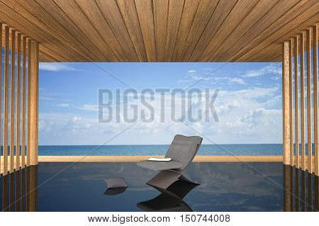 3D rendering : illustration of modern chair interior decoration at balcony outdoor wooden room style with Sundeck on Sea view for vacation and summer / 3d render outdoor living