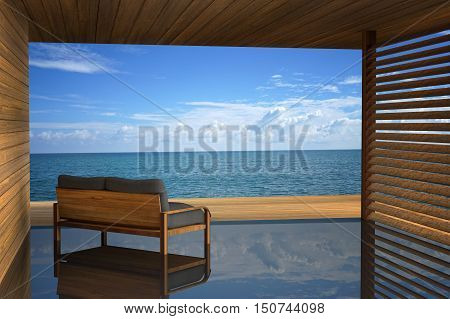 3D rendering : illustration of modern wooden sofa interior decoration at balcony outdoor wooden room style with Sundeck on Sea view for vacation and summer / 3d render outdoor living