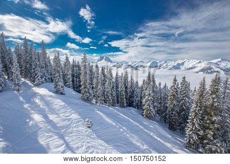 View To Alpine Mountains In Austria From Kitzbuehel Ski Resort - One Of The Best Ski Resort In The W