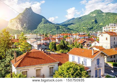Beautiful cityscape view on the old residential district with mountains in Grenoble city on the east of France
