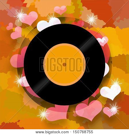 Romantic music. Love hearts and vinyl disc